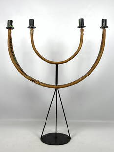 Arthur Umanoff Candelabra, Enameled steel, rattan: Arthur Umanoff Candelabra, Enameled steel, rattan Dimensions: Height: 28 inches, Width: 23 inches, Depth: 7 inches. --- - We offer curbside delivery for most items to NYC, Manhattan, Close Brooklyn, H