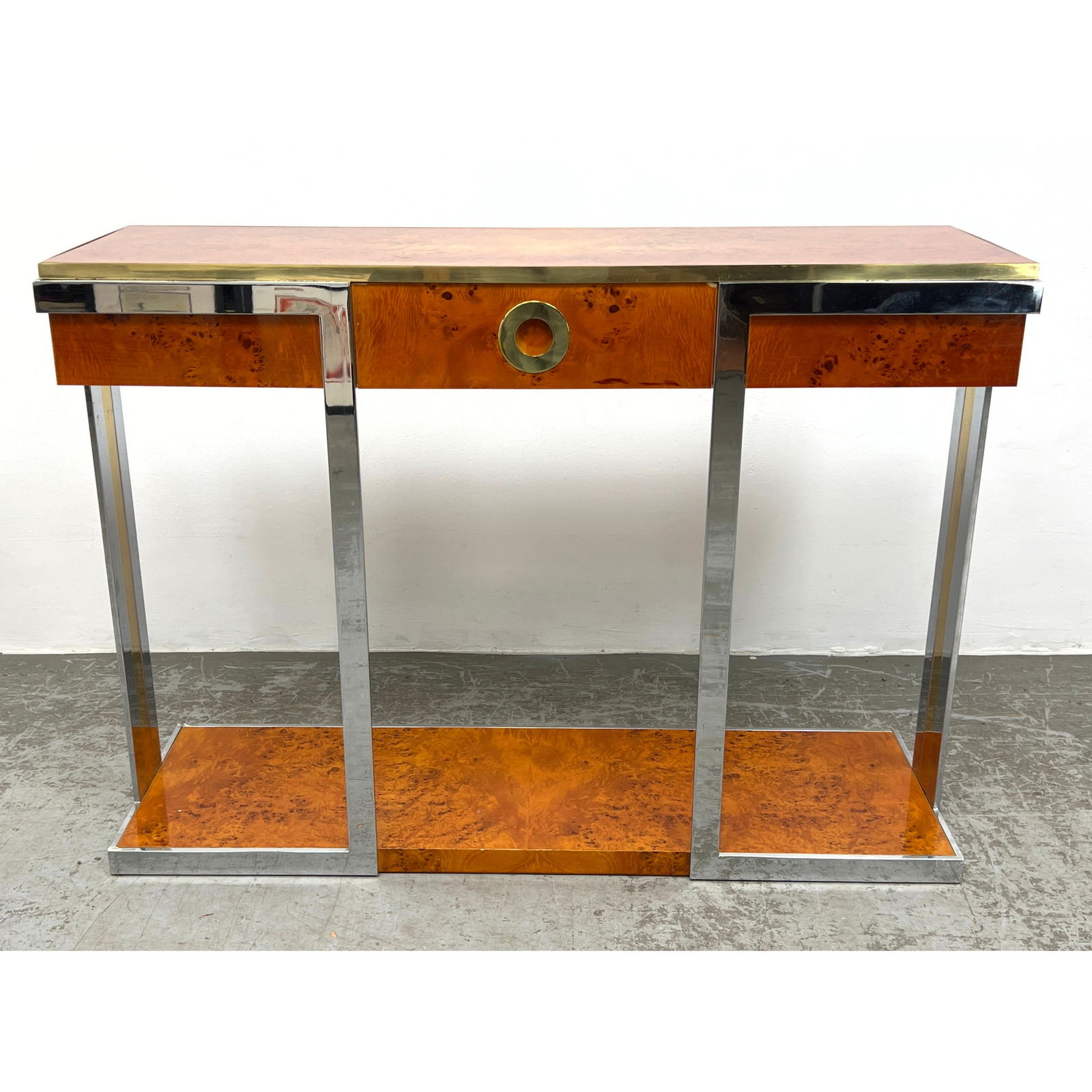 Pierre Cardin Attribution Burl Wood Console Hall Table. Wide chrome and brass band trim. Not Marked. (1 of 9)