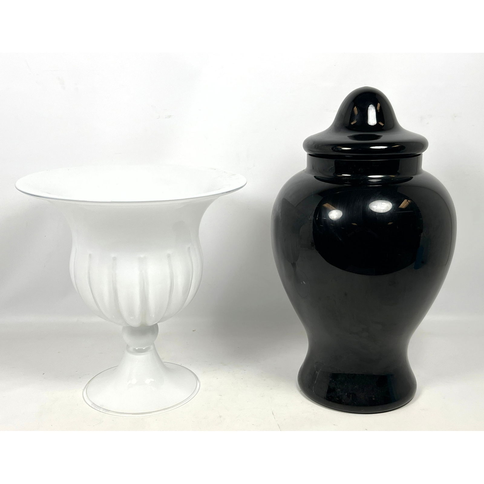 2pc Italian Glass Objects. BIGAZZO VETRI 93 White Footed Tall Compote. Lidded Ginger Jar. (1 of 16)