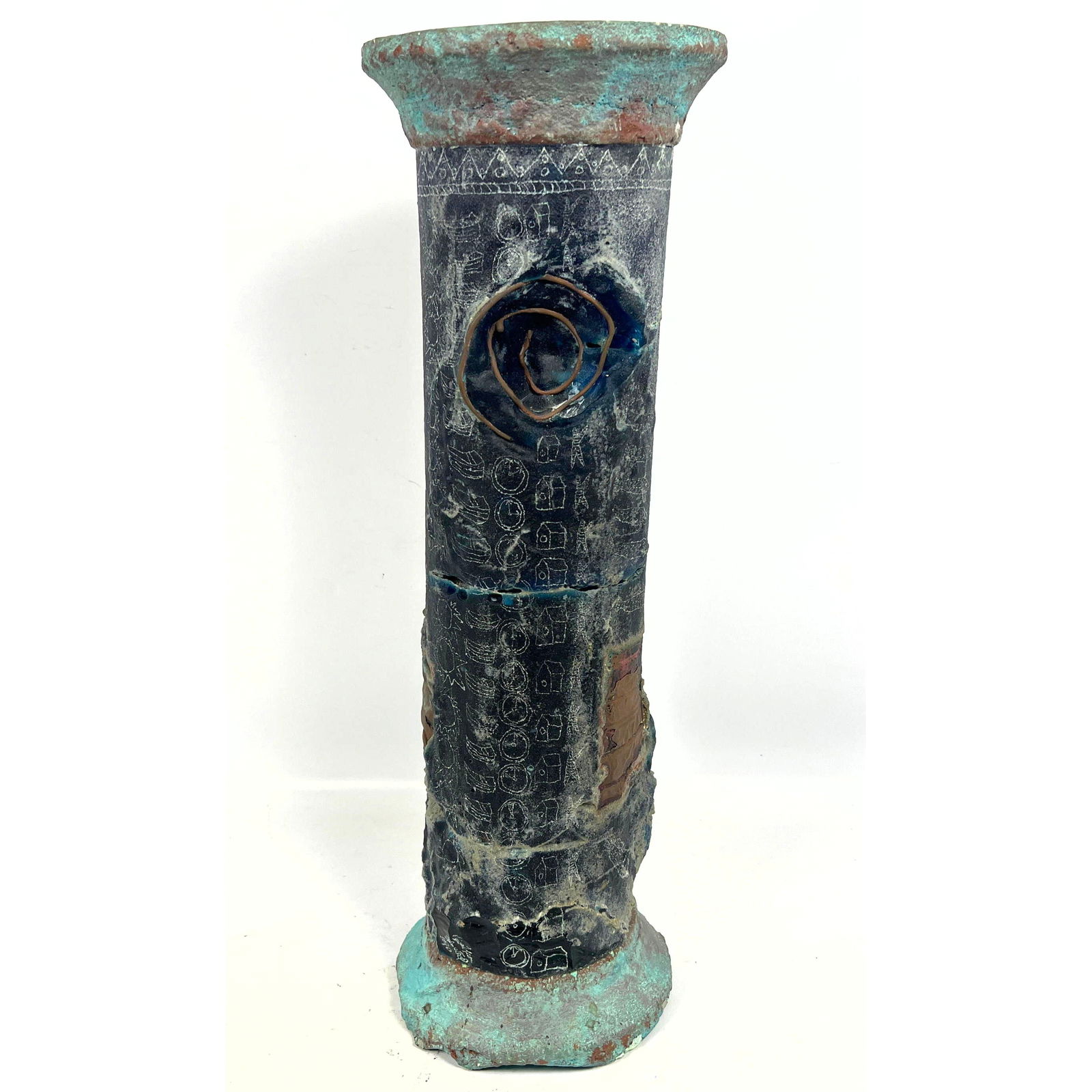 Large Glass, Copper Column Form Sculpture. Patinated finish. Heavy. Glass Elements. Metal embedded i (1 of 17)