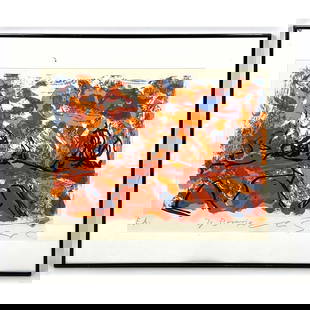 Signed Abstract Modernist Print. Orange, Red and Blue Palette. Signed; E.A.: Signed Abstract Modernist Print. Orange, Red and Blue Palette. Signed; E.A. Dimensions: Frame Height: 18 inches, Frame Width: 22.5 inches. - Image Size: Image Height: 13.5 inches, Image Width: 17.5 in