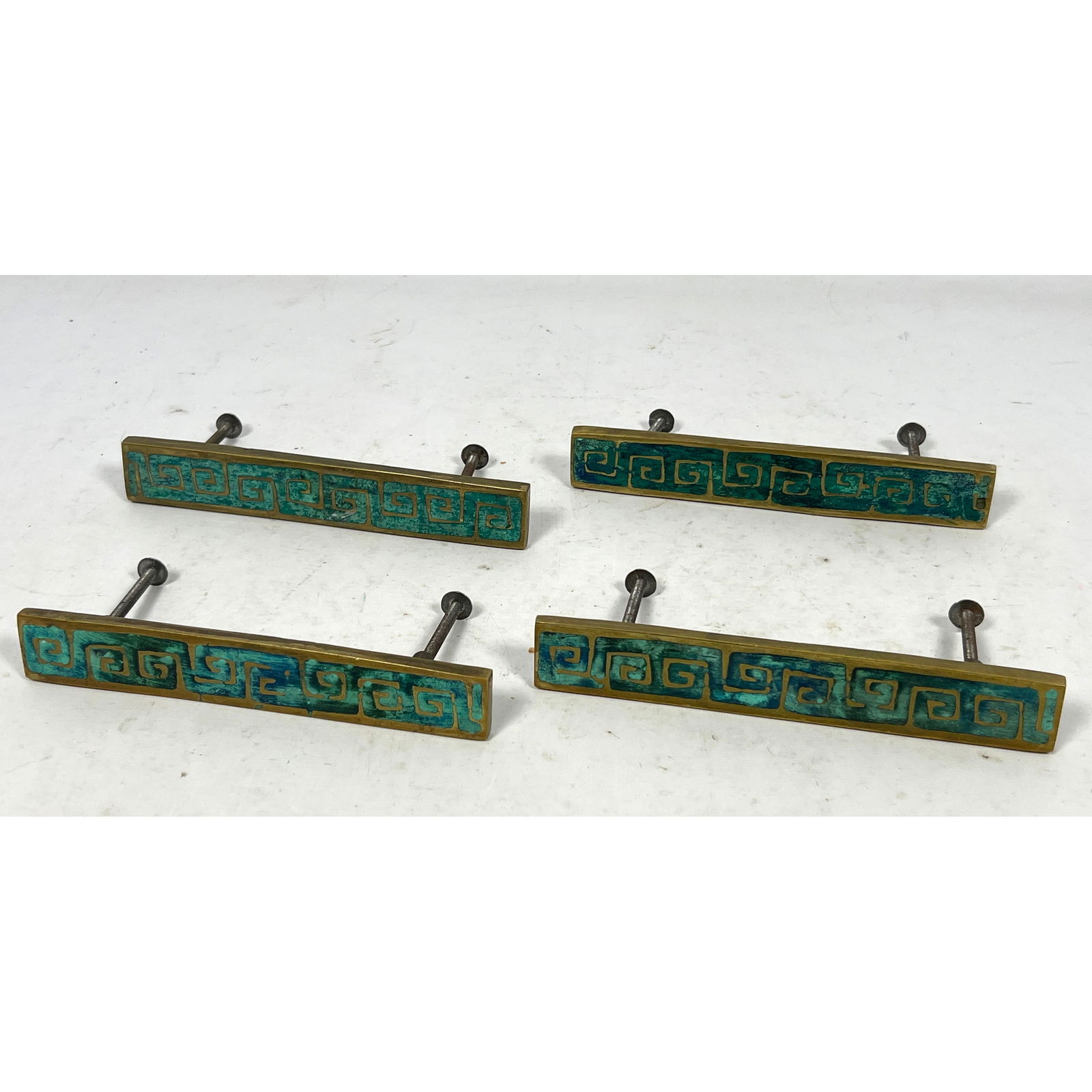 4pc Pepe Mendoza Brass Enamel Hardware Pulls. Greek Key design. One bears stamped signature. The dis (1 of 10)