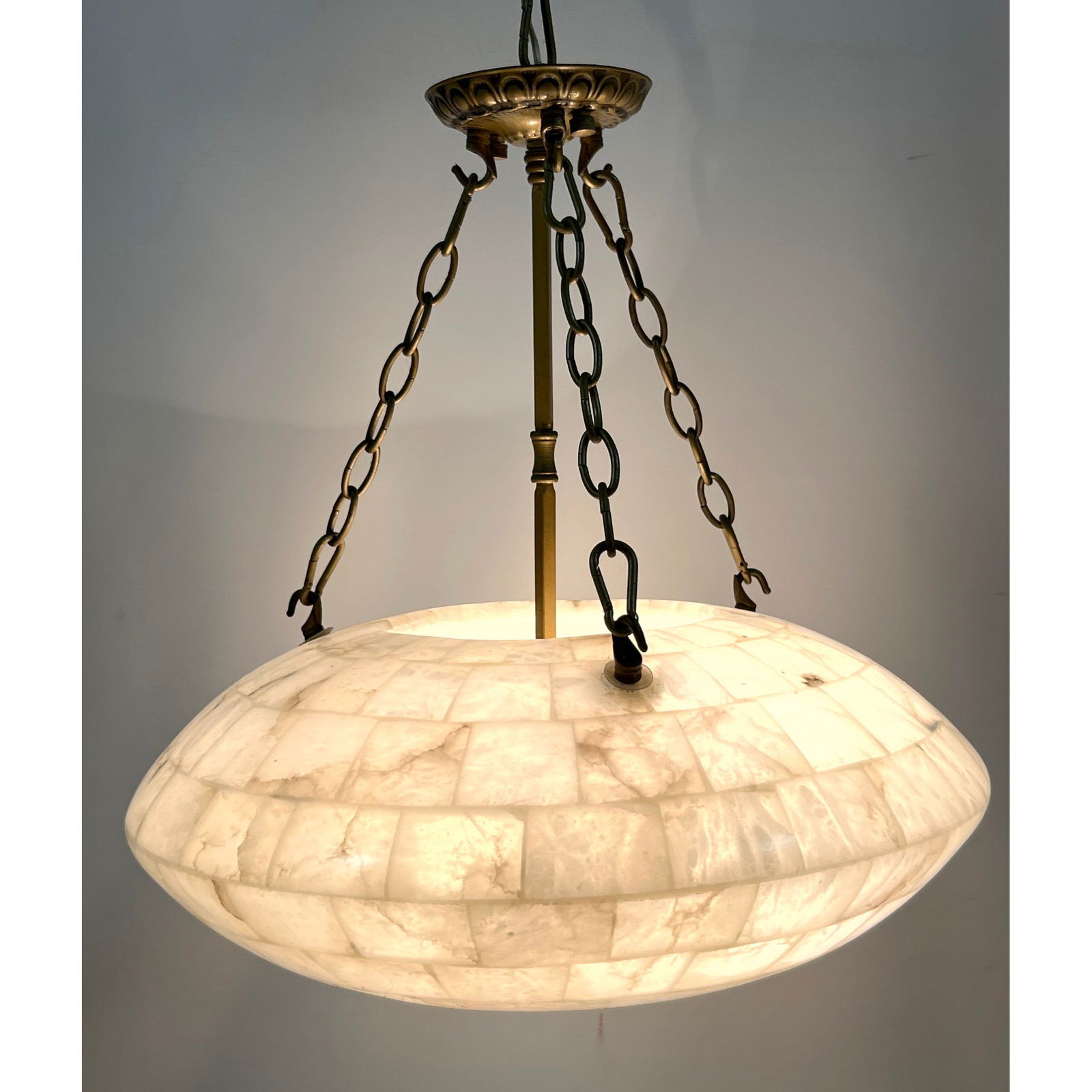 Alabaster Flying Saucer form Hanging Pendant Lamp Chandelier. Metal Chain, Stem and Ceiling Fixture. (1 of 10)
