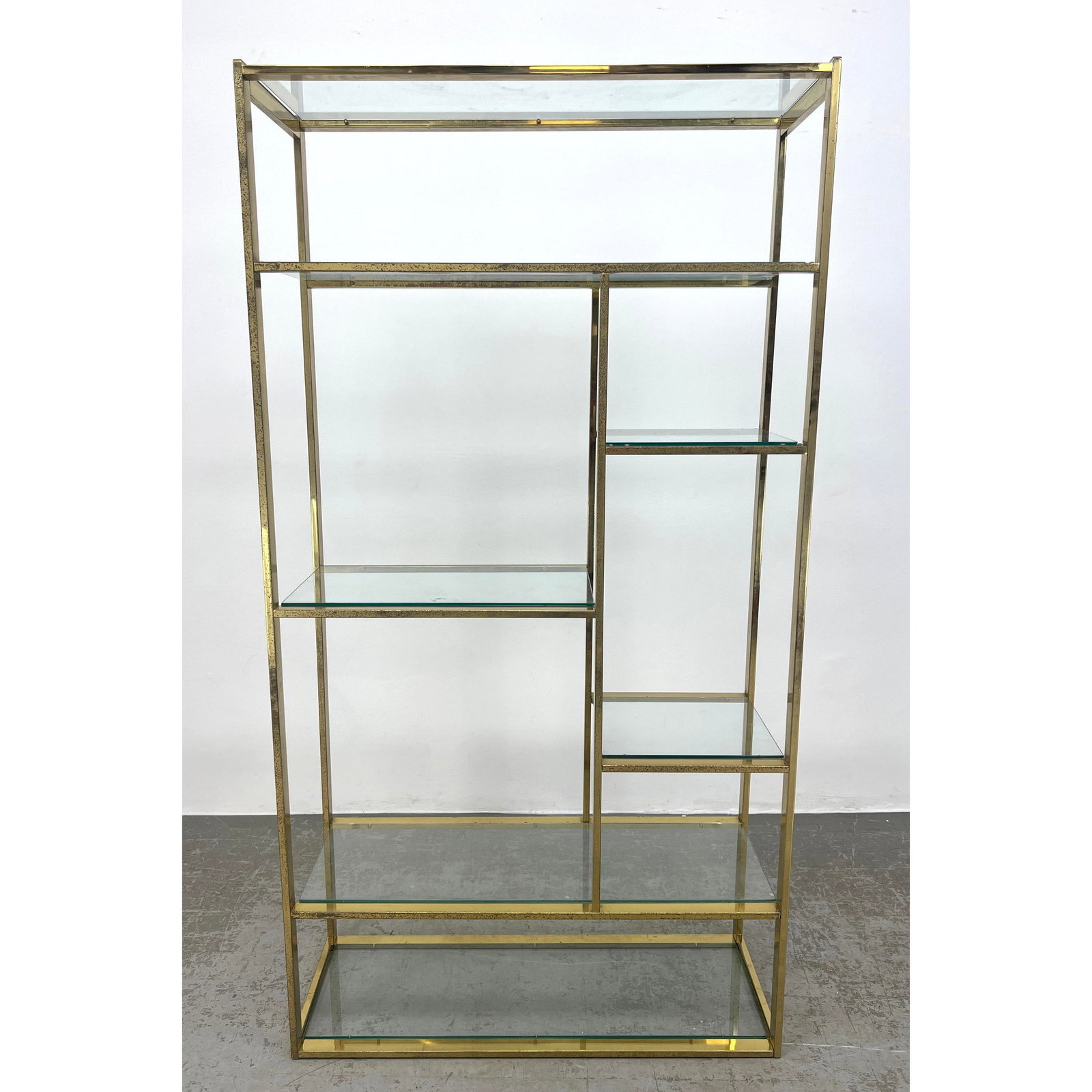 Brass Frame Display Shelves Etagere Unit. Design Institute Style.: Brass Frame Display Shelves Etagere Unit. Design Institute Style. Dimensions: Height: 79 inches, Width: 42 inches, Depth: 16 inches. --- - We offer curbside delivery for most items to NYC, Manhattan, 