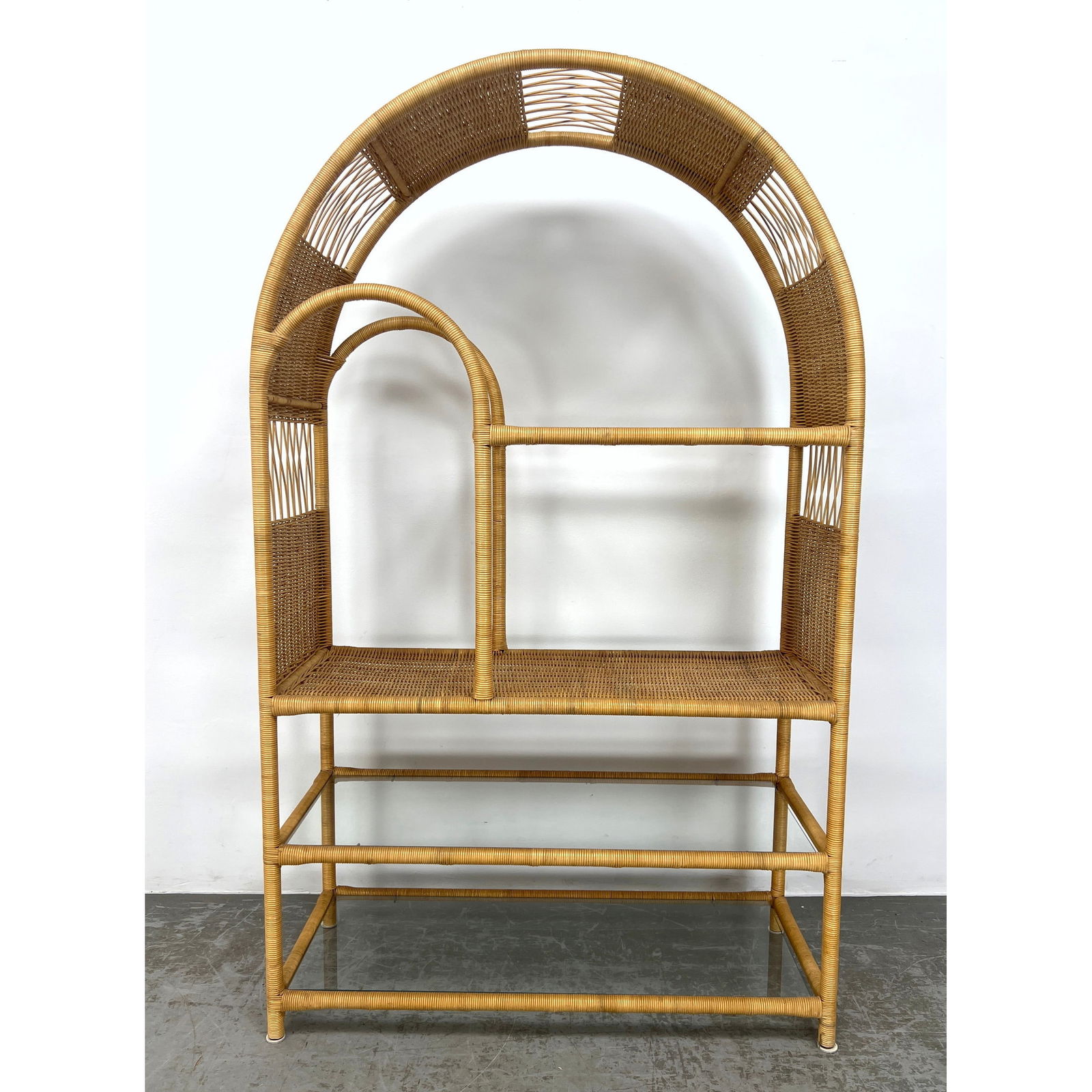 Decorator Woven Wrapped Wicker Arch Top Etagere. Display Shelves Unit. Three Glass Shelves. (1 of 10)