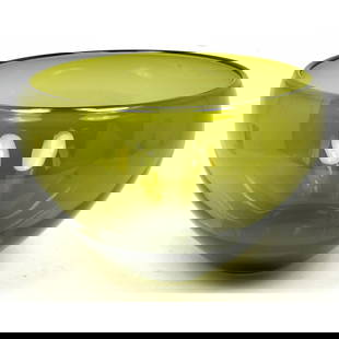 Large Danish Modern Holmegaard Green Art Glass Console Bowl: Large Danish Modern Holmegaard Green Art Glass Console Bowl Dimensions: Height: 8.5 inches, Width: 12 inches, Depth: 12 inches. --- - We offer curbside delivery for most items to NYC, Manhattan, Close