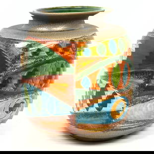 Large Glazed Ceramic Art Pottery Vase, signed Ecuadorian Artist Eduardo Vega Colorful abstract desig: Large Glazed Ceramic Art Pottery Vase, signed Ecuadorian Artist Eduardo Vega Colorful abstract design. Vega Dimensions: Height: 12 inches, Width: 10 inches, Depth: 10 inches. --- - We offer curbside d