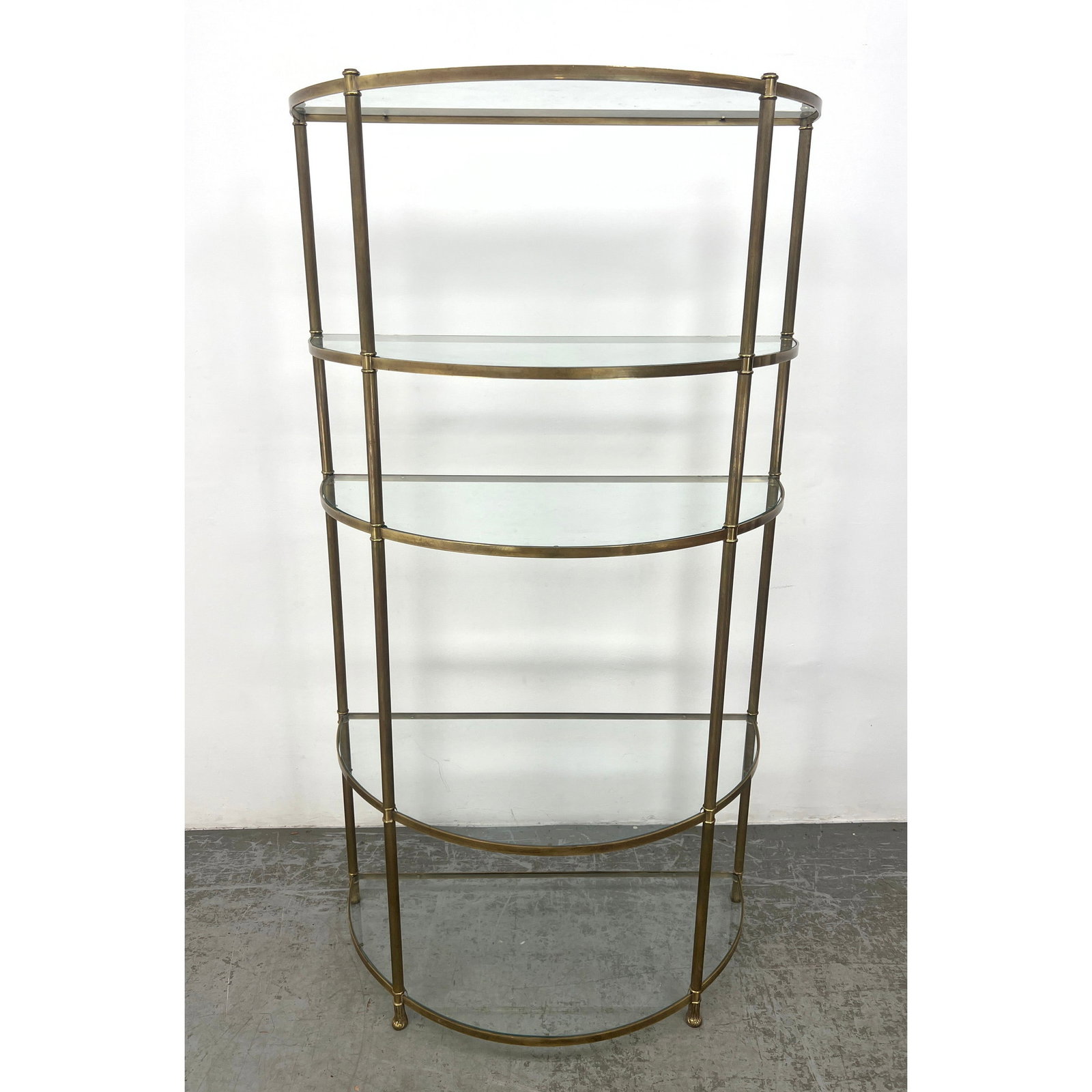 Decorator Bowed Front Shelf Etagere Display.: Decorator Bowed Front Shelf Etagere Display. Dimensions: Height: 77 inches, Width: 41 inches, Depth: 21 inches. --- - We offer curbside delivery for most items to NYC, Manhattan, Close Brooklyn, Hobok