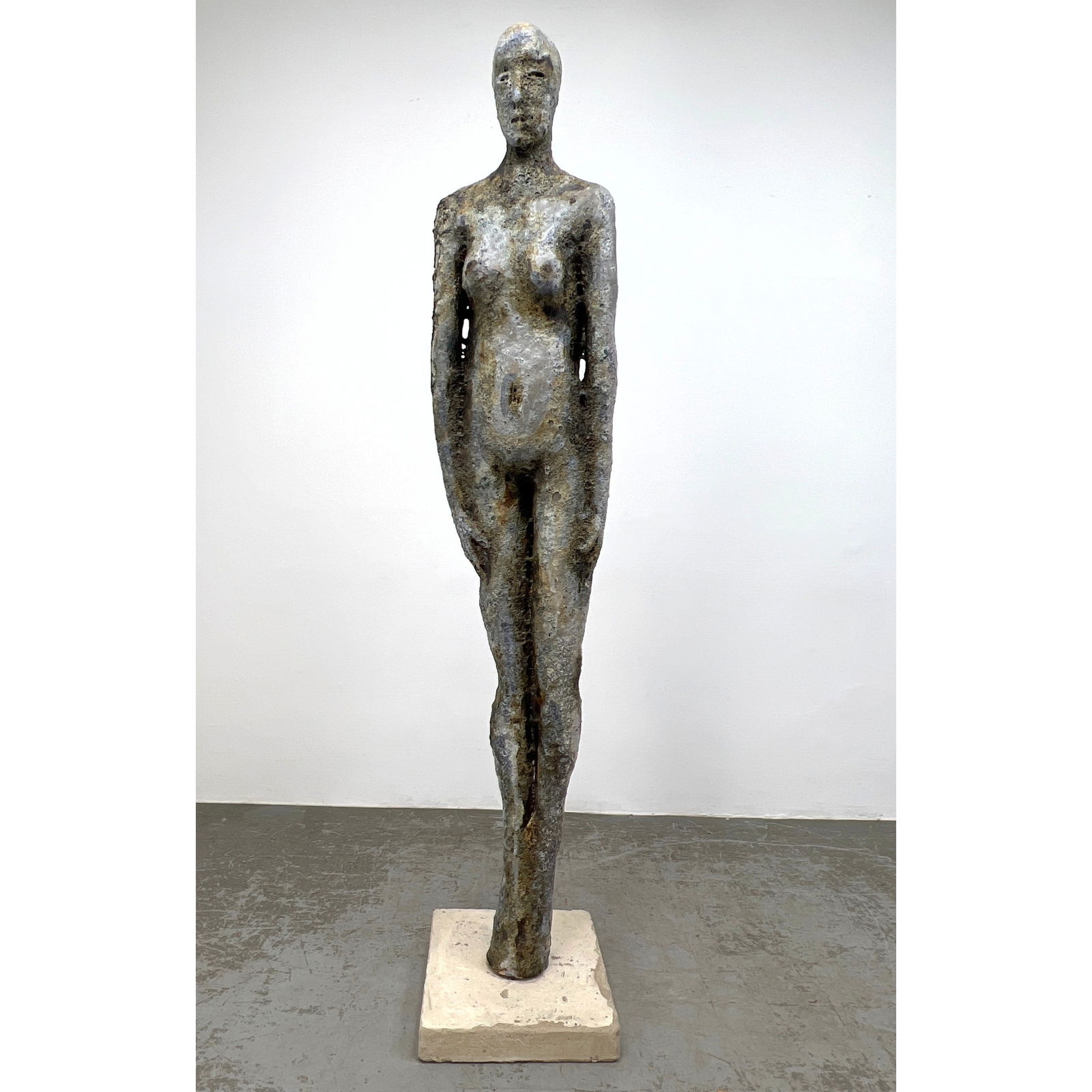 90" Tall Pottery Figural Statue Sculpture. Slender Nude Form. Supported by concrete base with iron s: 90" Tall Pottery Figural Statue Sculpture. Slender Nude Form. Supported by concrete base with iron stand. Dimensions: Height: 90 inches, Width: 16.5 inches, Depth: 9 inches. --- - We offer curbside de