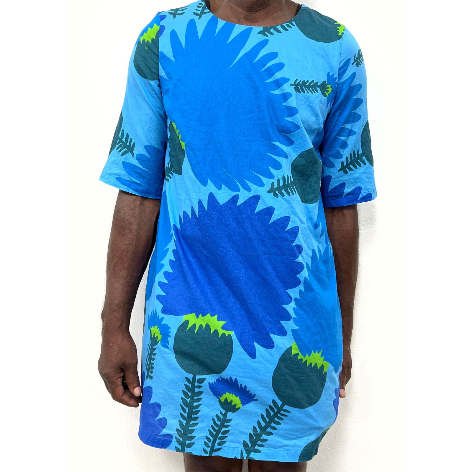 MARIMEKKO Finland Cotton Dress Shift. Blue and Green Printed Flower Design. Label. Size 40. (1 of 8)