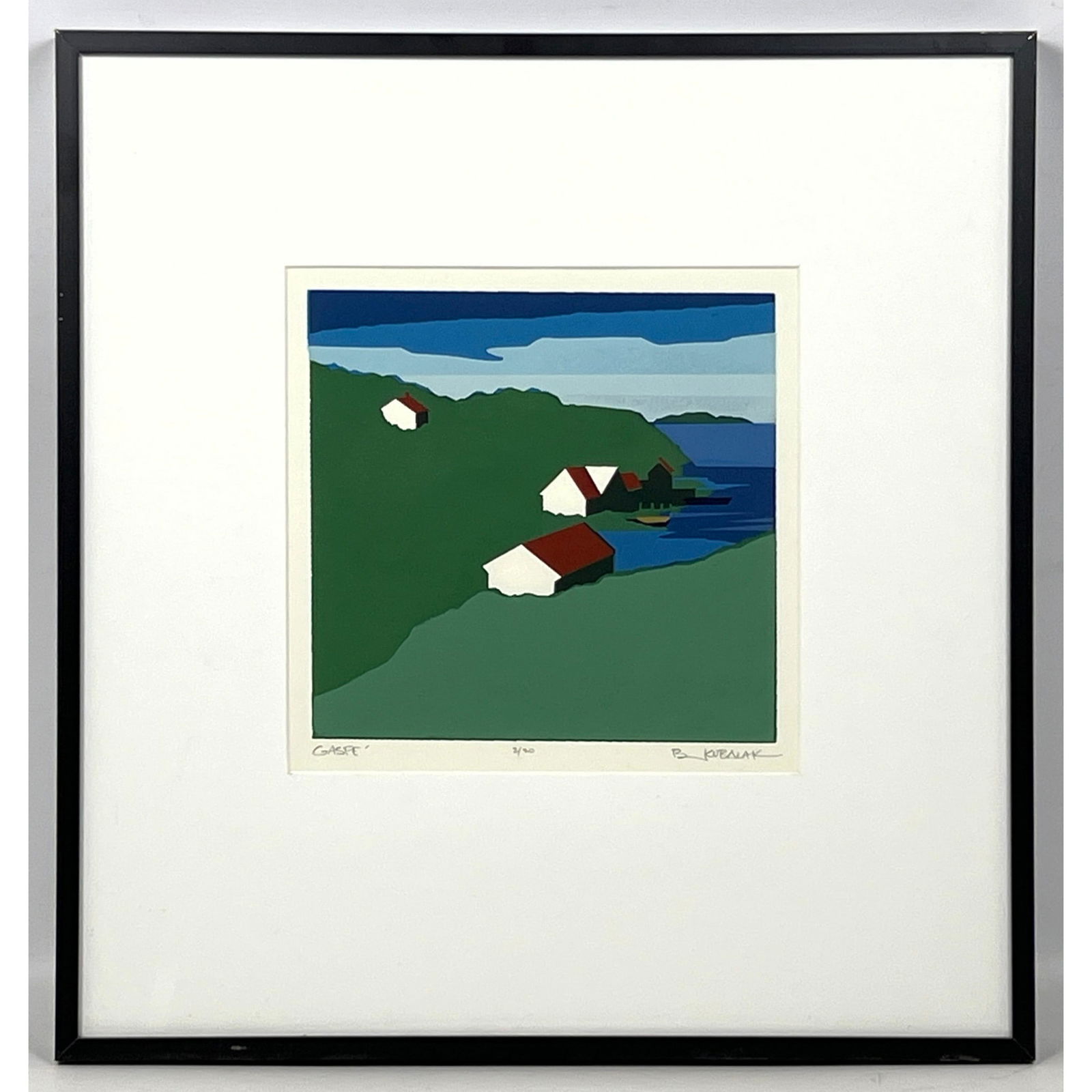 B KUBALAK Silkscreen Print. Landscape with Lake and 3 Cottages. "Gaspe" #2/20. Signed. (1 of 9)