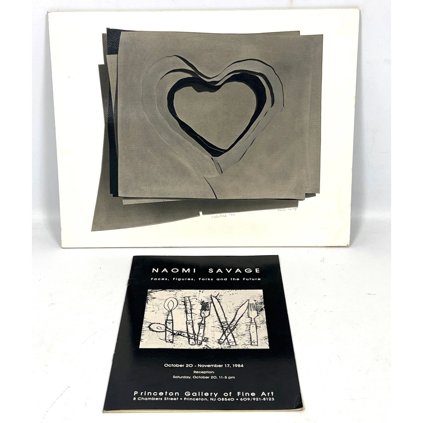 2pcs Naomi Savage. Signed Print Valentine 1981 and Gallery Brochure.: 2pcs Naomi Savage. Signed Print Valentine 1981 and Gallery Brochure. Dimensions: Height: 11 inches, Width: 14 inches. --- US Packing and Shipping charge: In house shipping available. Will be calculate