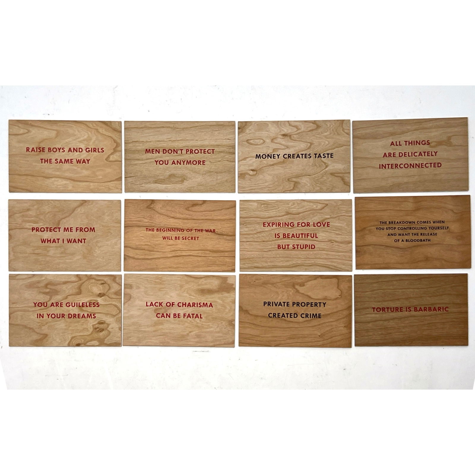 Set 12 Jenny Holzer wood truisms postcards: Set 12 Jenny Holzer wood truisms postcards Dimensions: Height: 4 inches, Width: 6 inches. --- US Packing and Shipping charge: $35 Plus required insurance at a rate of $2 per hundred. - We offer curbsi