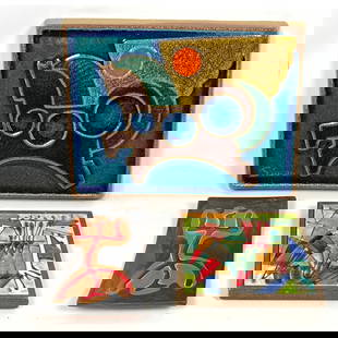 3 Pc glazed ceramic wall hanging tiles. Harris Strong, Danish Modern Stenton Denmark Earthen signed: 3 Pc glazed ceramic wall hanging tiles. Harris Strong, Danish Modern Stenton Denmark Earthen signed Simon, Unmarked abstract figural Dimensions: Height: 9.5 inches, Width: 13 inches. --- US Packing an