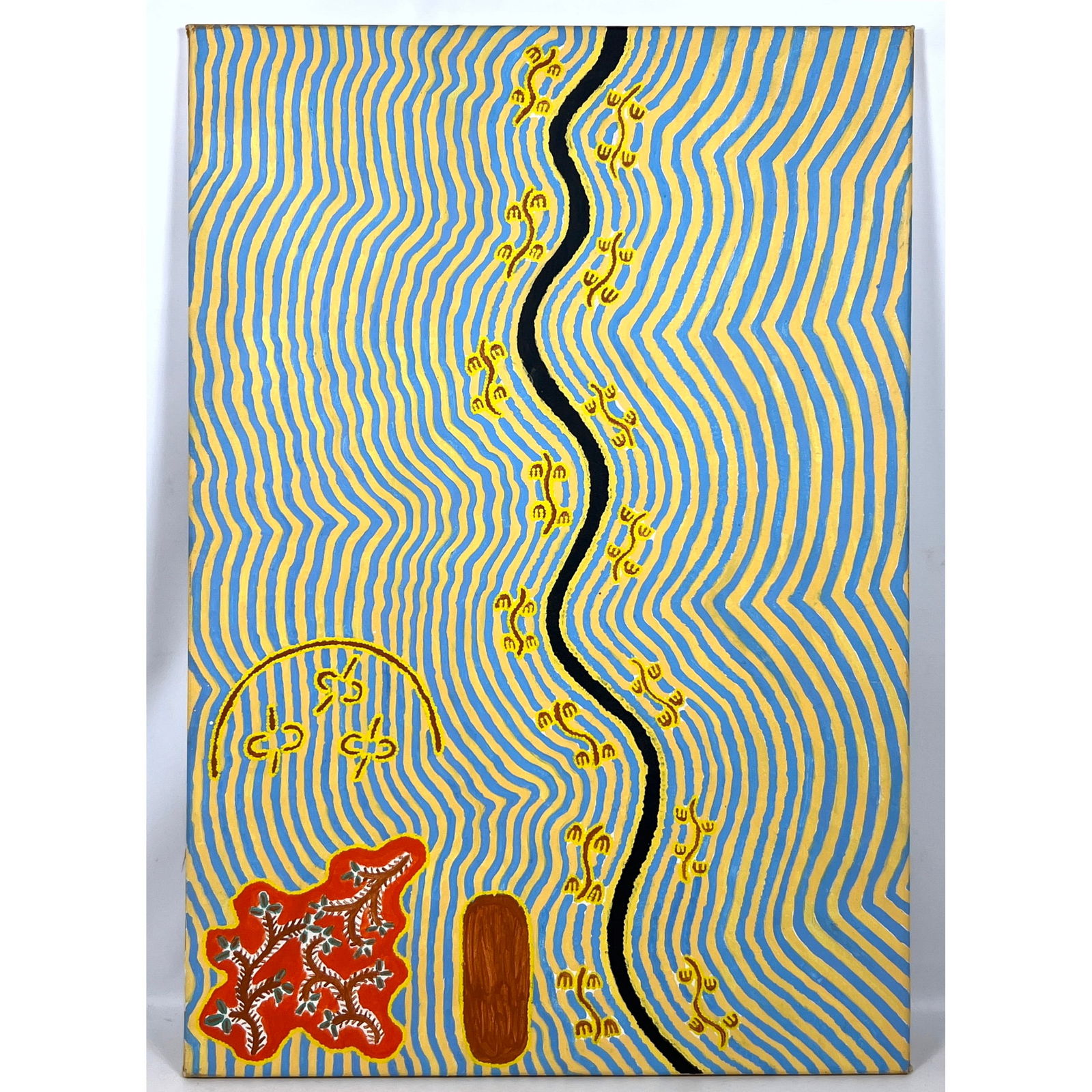 ANDREW PYE Australian Aboriginal Painting. Wavy Blue and Yellow Stripes with Organic elements. Warla (1 of 10)