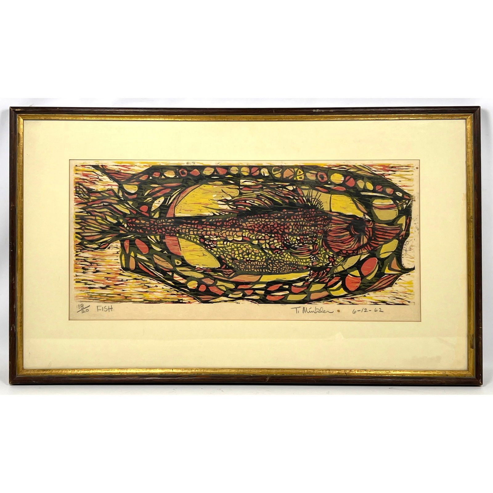 T MINKLER Modernist Woodblock Print. Fish. Signed. #18/20. 6-12-62. (1 of 10)