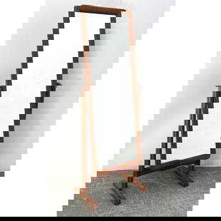 5' Danish Modern Teak Cheval Mirror in Hinged Floor Stand. Mid Century Modern: 5' Danish Modern Teak Cheval Mirror in Hinged Floor Stand. Mid Century Modern Dimensions: Height: 60 inches, Width: 23 inches, Depth: 13 inches. --- - We offer curbside delivery for most items to NYC,