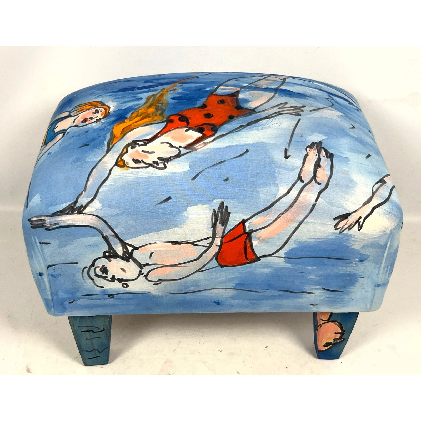 Artist Painted Fabric and Wood Foot Stool Bench. Painted Divers, Swimmers. Even the underside and fe (1 of 11)