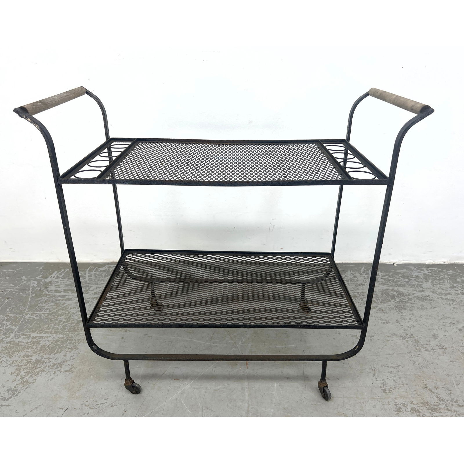 Mid Century Modern Mesh Iron Bar Cart Server wood handles. (1 of 10)