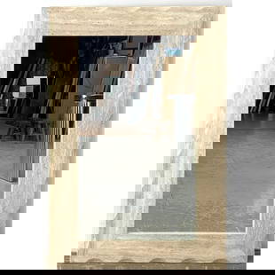 Designer Travertine Framed Wall Mirror. Notched edges. Hangs horizontally or vertically.: Designer Travertine Framed Wall Mirror. Notched edges. Hangs horizontally or vertically. Dimensions: Height: 36 inches, Width: 24 inches. --- - We offer curbside delivery for most items to NYC, Manhat