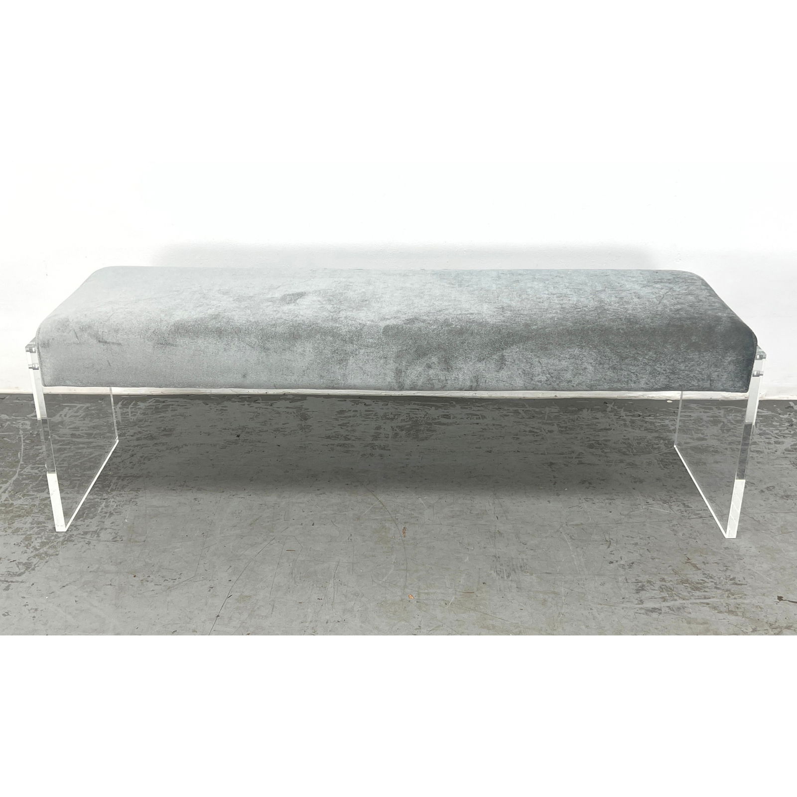 Modernist Bench with Acrylic Side Panels. Gray Upholstery. (1 of 11)