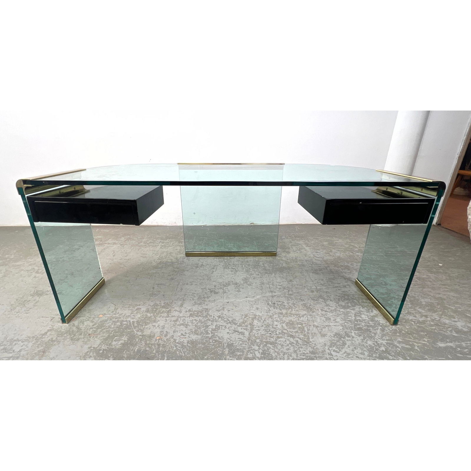 LEON ROSEN for PACE Collection Modernist Glass Desk. Heavy Brass Connector Joint Elements. Black Lac (1 of 13)