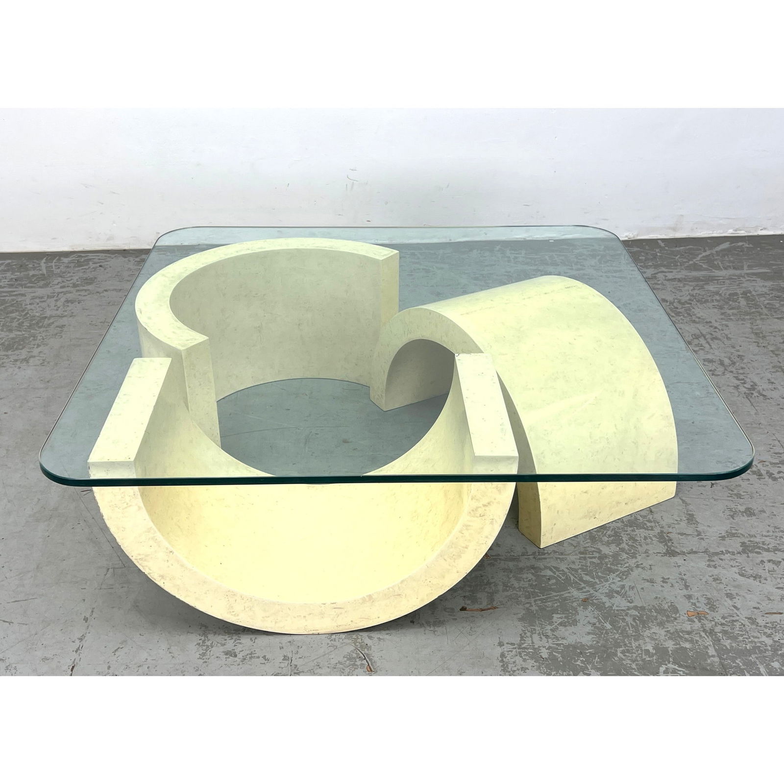 Modernist Sculptural Cocktail Table. Three Semi Round Elements create base of glass top coffee table (1 of 9)