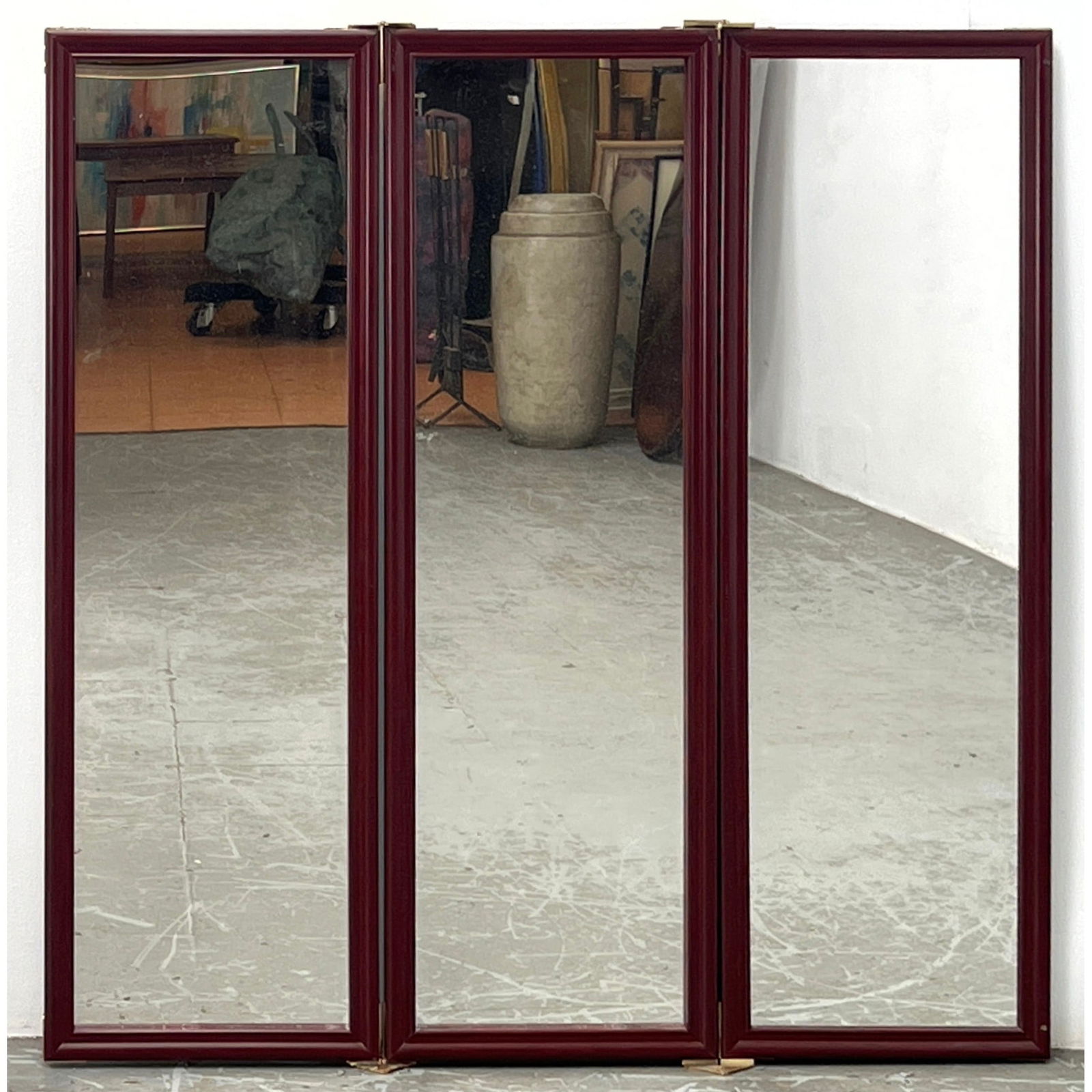 3 Panel Wood Framed Mirror Folding Screen. Room Divider. Brass Corners and trim. Campaign style. (1 of 14)