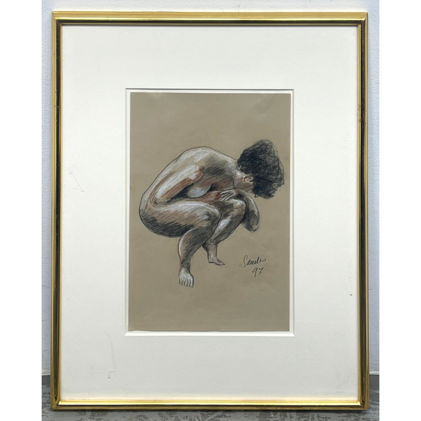 SANDRO DIANI Charcoal and Pencil Drawing. Female Nude Squatting. Signed. Artist's NYC Label on rever: SANDRO DIANI Charcoal and Pencil Drawing. Female Nude Squatting. Signed. Artist's NYC Label on reverse. Signed; dated 97 Dimensions: Frame Height: 29.5 inches, Frame Width: 24 inches. - Image Size: Im