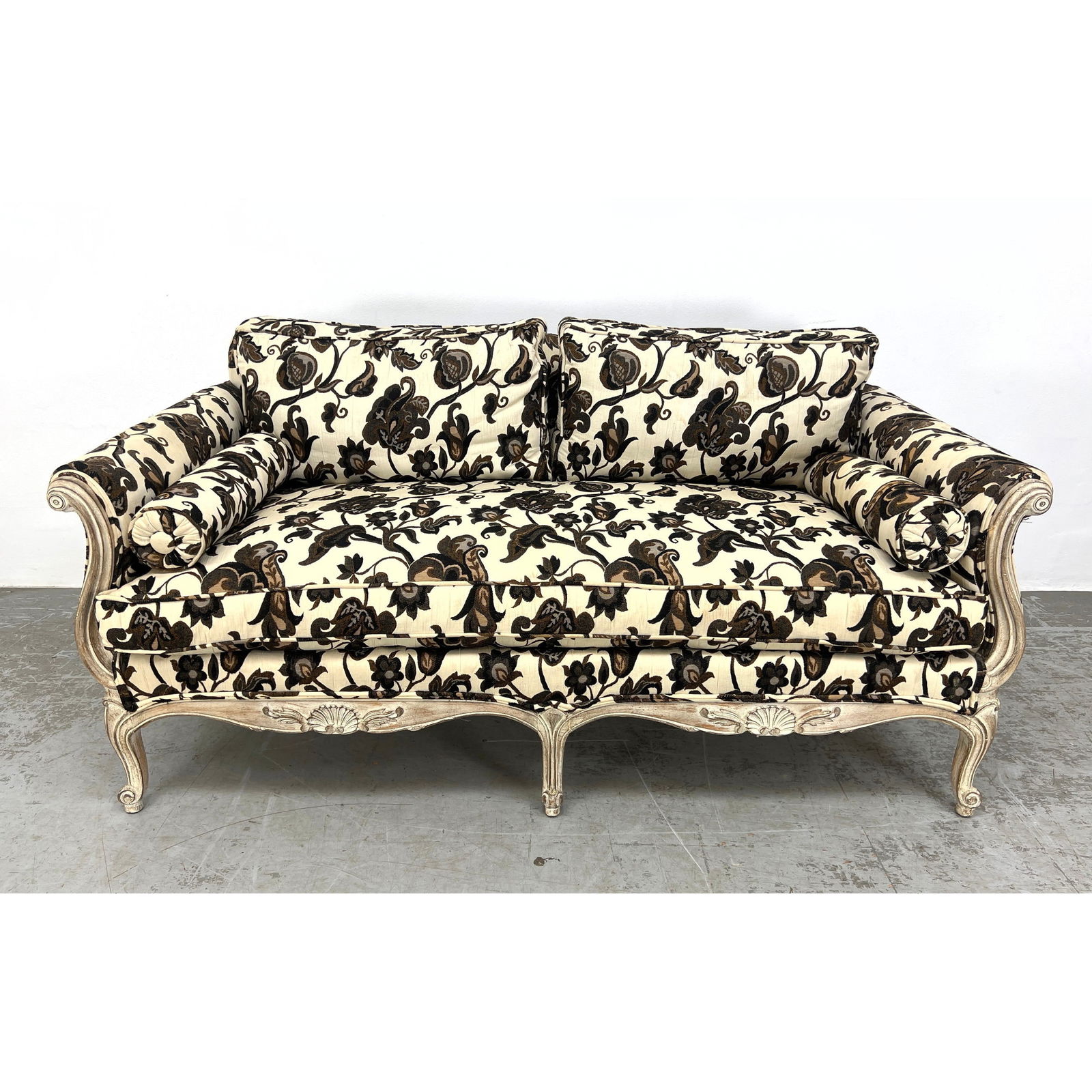 Louis XV Style Loveseat Sofa. White finish French Style Carved Frame. Designer fabric. (1 of 14)