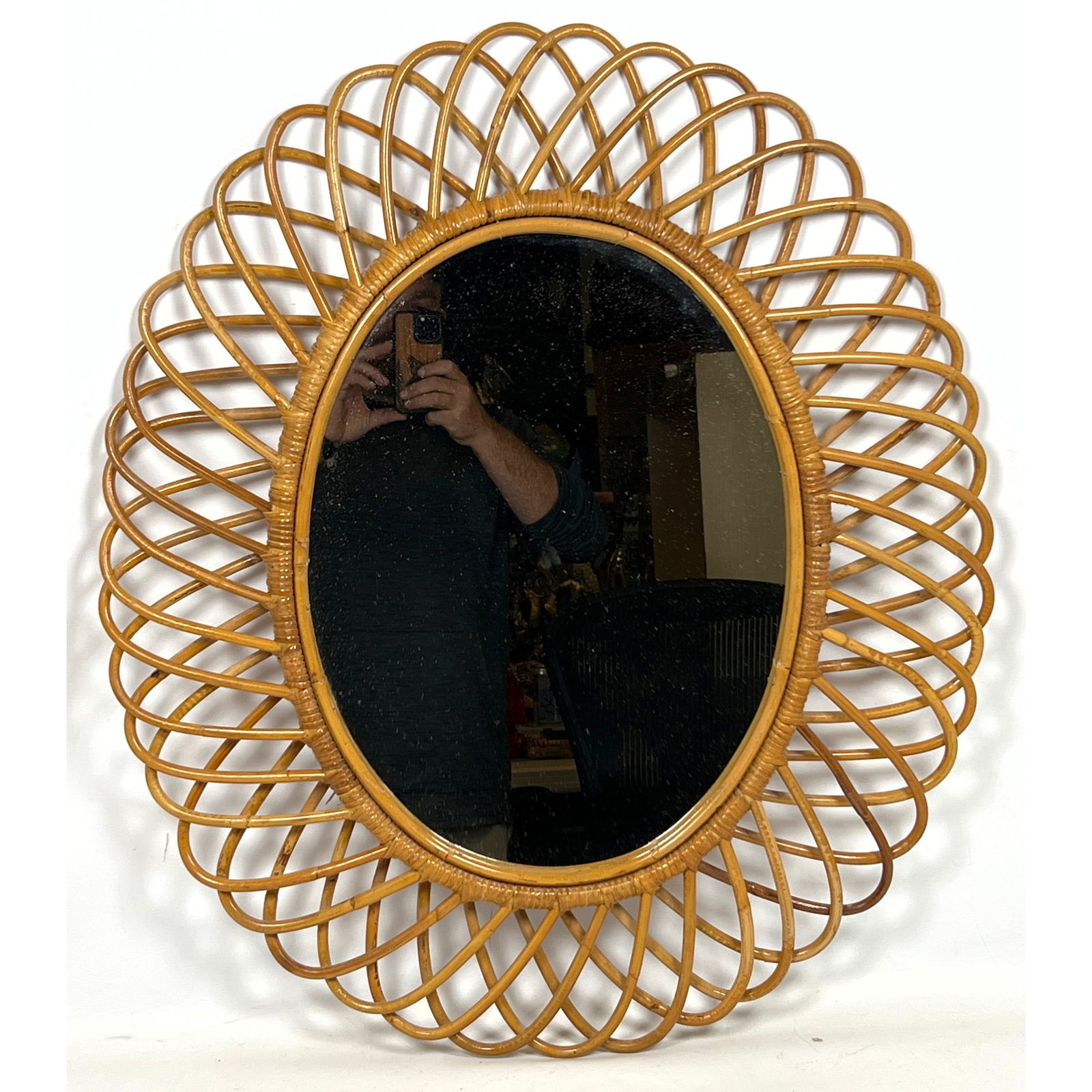 Scalloped Rattan Oval Mirror. Franco Albini style Looped Rattan Frame. (1 of 8)