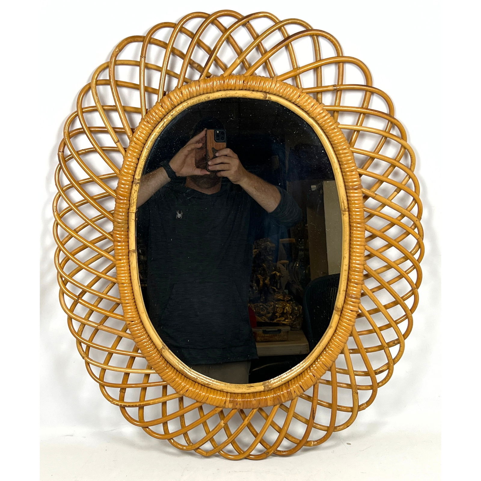 Scalloped Rattan Oval Mirror. Franco Albini style Looped Rattan Frame. (1 of 7)
