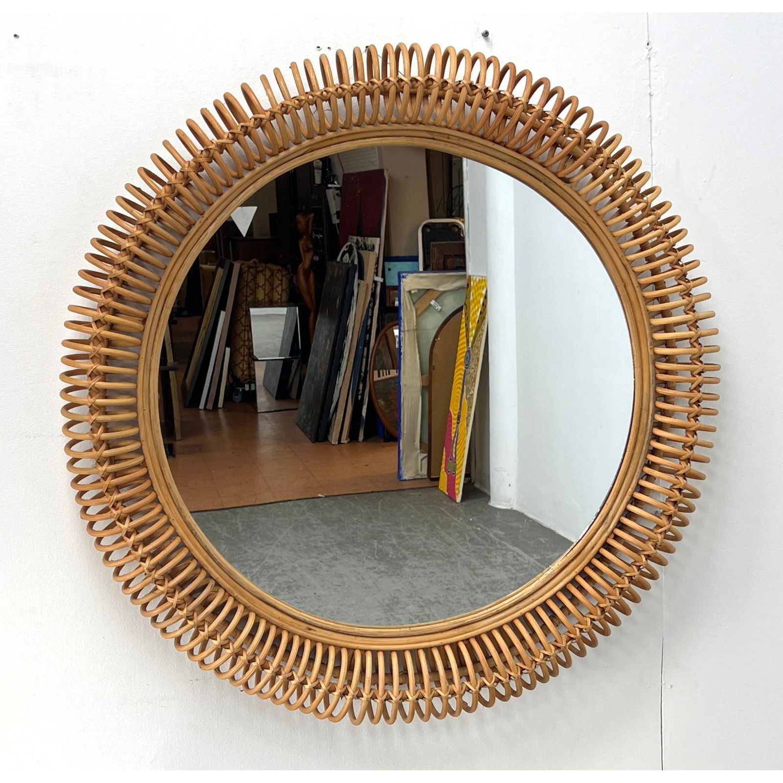 Designer Open Loop Woven Rattan Frame Wall Mirror. Large Round Framed Mirror. Albini style. (1 of 10)