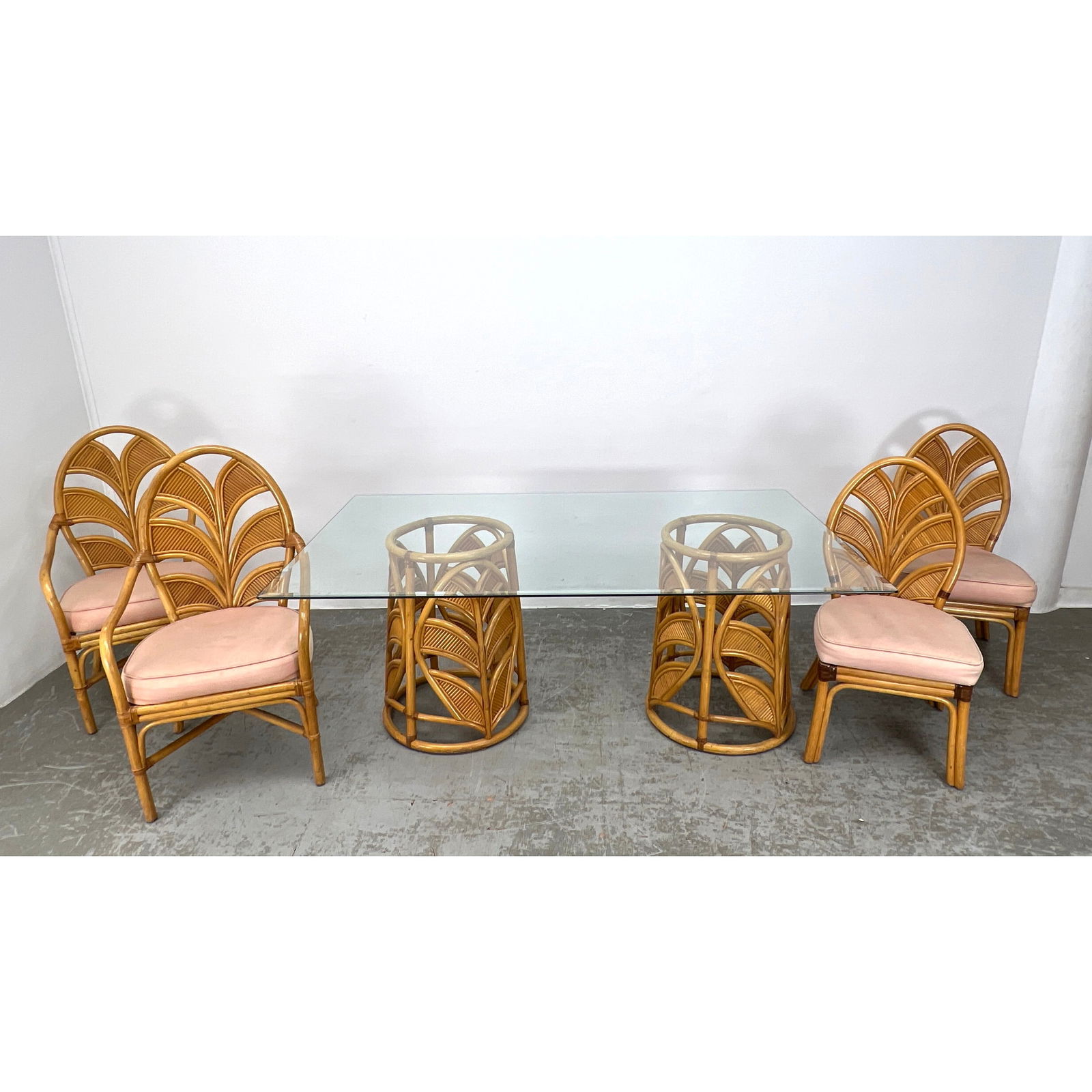 Mid Century Modern Rattan and Bentwood Dining set. Double pedestal table and 4 Chair. Tropical desig (1 of 18)