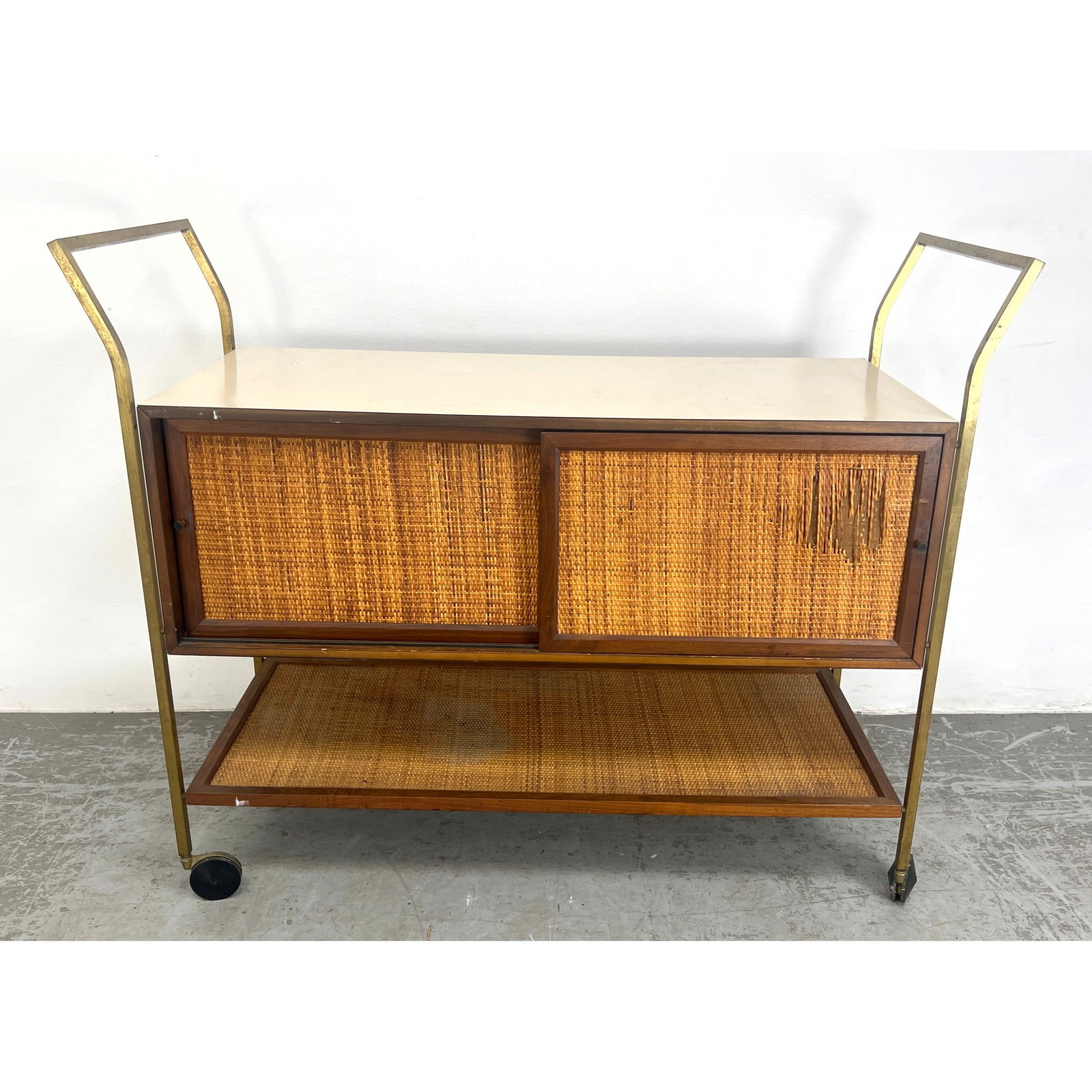 Mid Century Modern Bar Cart Server. Rattan doors and Shelf. (1 of 9)