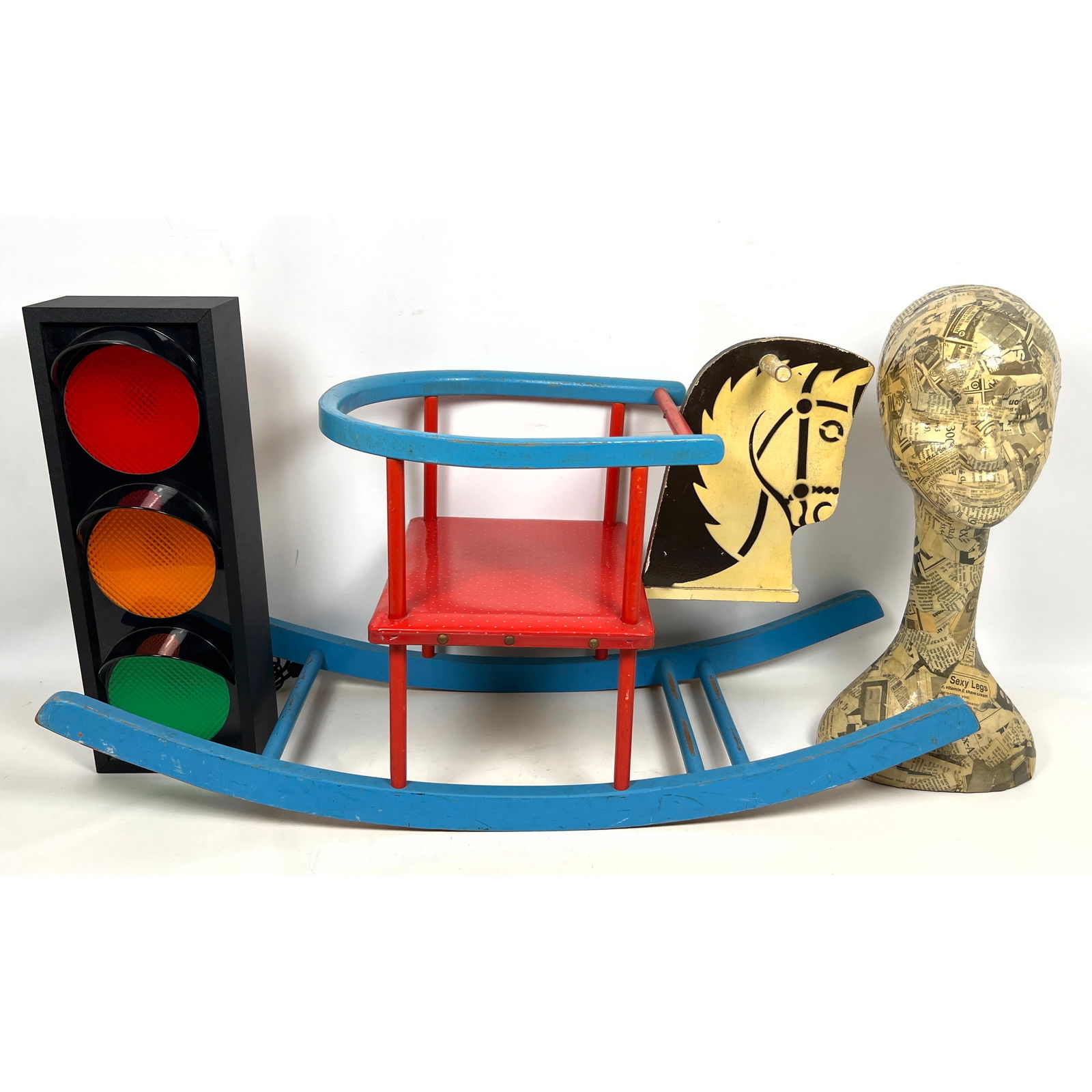 Mid-Century Mod Stoplight Lamp, Newsprint Papier-m?che Head Hat Stand, 40s/50s Children's Rocking Ho (1 of 16)