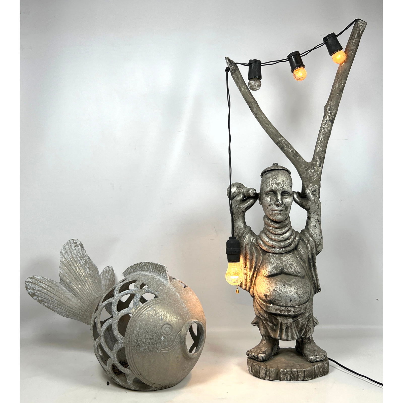 2pcs Decorative Objects. Aluminum fish. Figural Painted plaster lamp.: 2pcs Decorative Objects. Aluminum fish. Figural Painted plaster lamp. Dimensions: Height: 36 inches, Width: 14 inches, Depth: 7.5 inches. --- - We offer curbside delivery for most items to NYC, Manhat