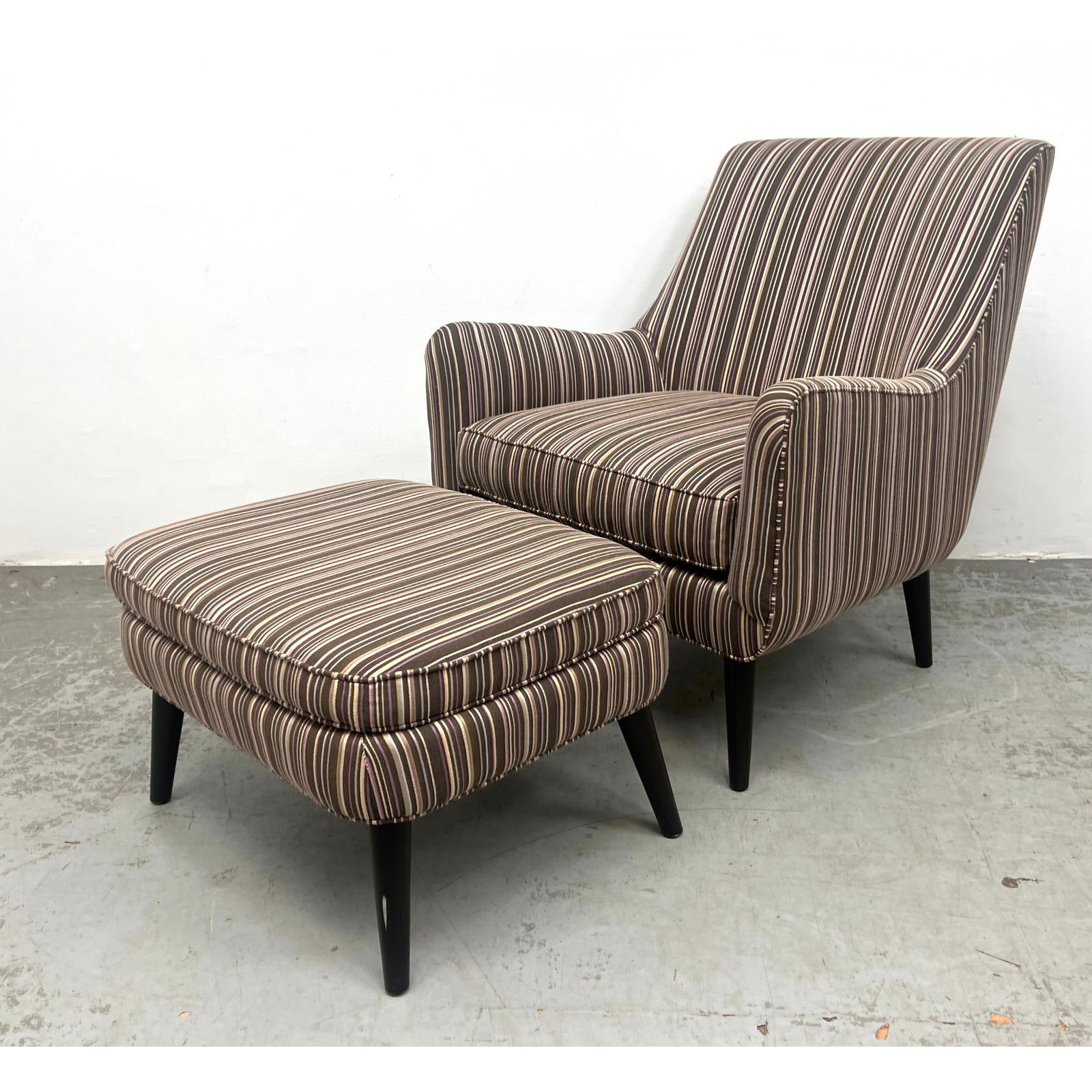 2pc ROOM and BOARD Striped Lounge Chair, Ottoman. Modernist style with wood tapered peg legs. Label. (1 of 14)