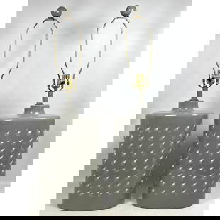 Pair Gray and white Porcelain Table Lamps. Canister shape.: Pair Gray and white Porcelain Table Lamps. Canister shape. Dimensions: Height: 33 inches, Width: 10 inches, Depth: 6 inches. --- - We offer curbside delivery for most items to NYC, Manhattan, Close Br