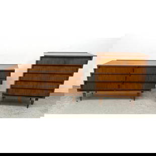 American Modern Ward Furniture Walnut Bedroom Set with Louvered Drawers. Tall chest and low dresser.: American Modern Ward Furniture Walnut Bedroom Set with Louvered Drawers. Tall chest and low dresser. Dimensions: Height: 30 inches, Width: 56 inches, Depth: 18 inches. - Additional Dimensions: Tall Ch