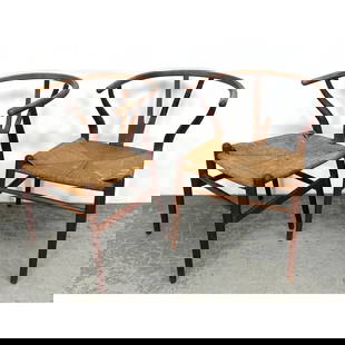 Pair Hans Wegner Wishbone Chairs.: Pair Hans Wegner Wishbone Chairs. Dimensions: Height: 28.5 inches, Width: 21 inches, Depth: 17 inches. --- - We offer curbside delivery for most items to NYC, Manhattan, Close Brooklyn, Hoboken about