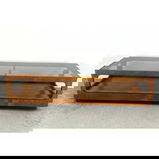 LANE Smoked Glass Top American Walnut Coffee Table. Modernist Design with Ebonized Trim and Pl: LANE Smoked Glass Top American Walnut Coffee Table. Modernist Design with Ebonized Trim and Platform Base. Dimensions: Height: 14 inches, Width: 54.75 inches, Depth: 20.75 inches. --- - We offer curbs