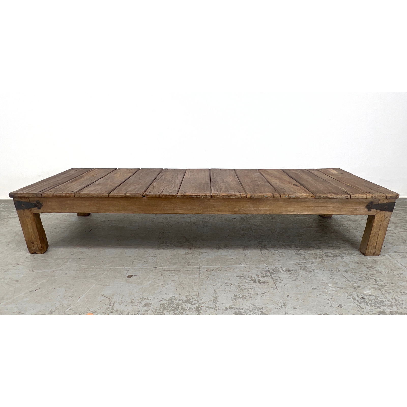 Rustic Weathered Wood Low Bench Coffee Table. Decorative metal Strap Corners. (1 of 8)