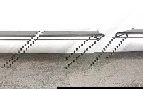 Pair Iron Frame Console Sofa Tables with Inset Black Granite. Painted silver finish.: Pair Iron Frame Console Sofa Tables with Inset Black Granite. Painted silver finish. Dimensions: Height: 29 inches, Width: 50 inches, Depth: 18 inches. --- - We offer curbside delivery for most items