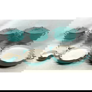 6pc Turquoise Aqua DANSK Kobenstyle Pots Pans. Set 3 Graduated Size Lidded Pots. Small Sauce Pan and: 6pc Turquoise Aqua DANSK Kobenstyle Pots Pans. Set 3 Graduated Size Lidded Pots. Small Sauce Pan and 2 Paella Dishes Pans. Dimensions: Height: 2 inches, Width: 17 inches. --- US Packing and Shipping c