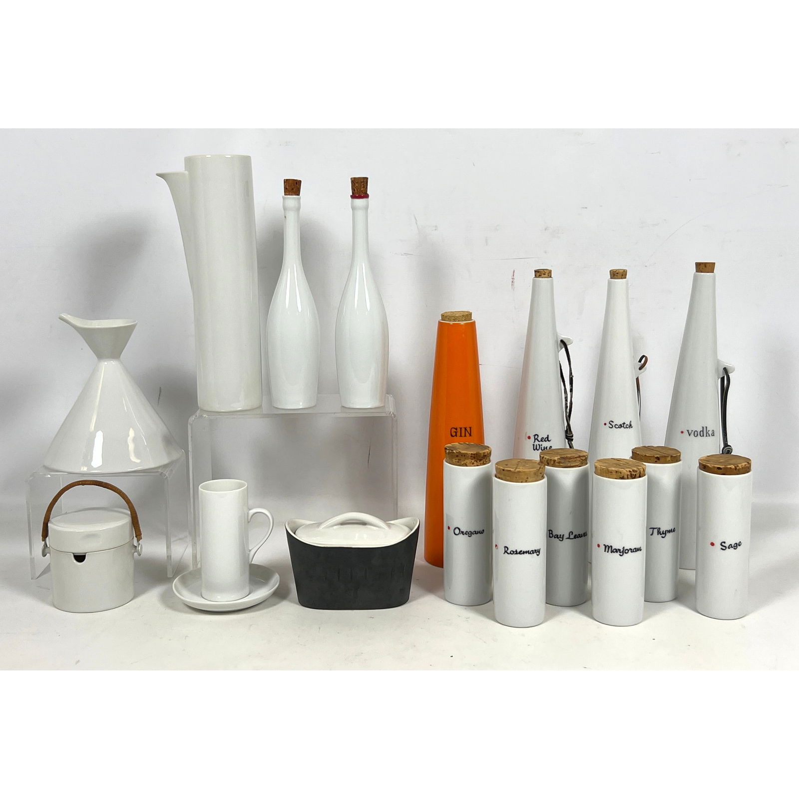 Large White Porcelain Kitchenware Lot. Set Cork Lid Spice Jars. Set Spirit Bottles Decanters. Multip: Large White Porcelain Kitchenware Lot. Set Cork Lid Spice Jars. Set Spirit Bottles Decanters. Multiple Makers. --- - We offer curbside delivery for most items to NYC, Manhattan, Close Brooklyn, Hoboke