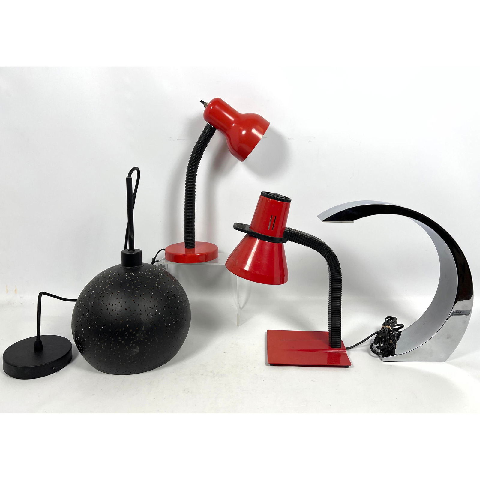 4pc lighting lot. 2 red desk lamps. Black pendant lamp. Chrome metal touch lamp. Contemporary. (1 of 20)