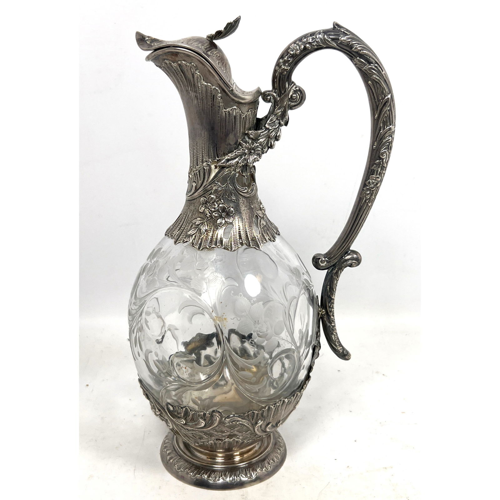 Fine Antique French Sterling and  Engraved Crystal Claret Jug Pitcher. Marked as shown in 2 photos; (1 of 12)