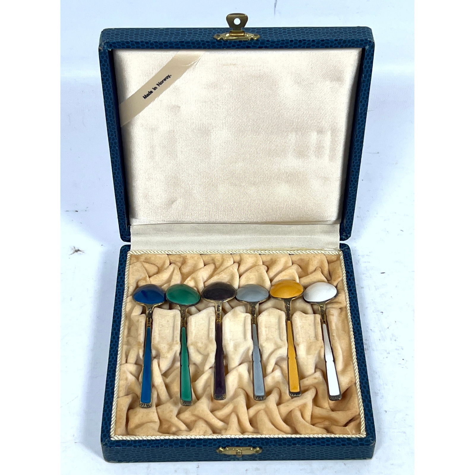 Set 6 NORWAY enameled sterling demitasse spoons in box - Mid-century set of 6 guilloche enamel demi (1 of 9)