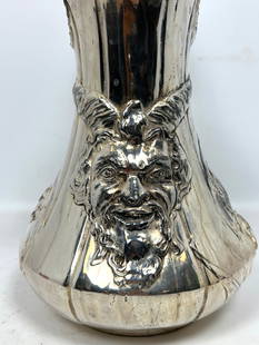 KAYSERZINN Antique Art Nouveau Pitcher. Horned Devil's Head. Pewter. Marked 4061. Polished.: KAYSERZINN Antique Art Nouveau Pitcher. Horned Devil's Head. Pewter. Marked 4061. Polished. Dimensions: Height: 12.75 inches, Width: 9.25 inches, Depth: 7 inches. --- US Packing and Shipping charge: I